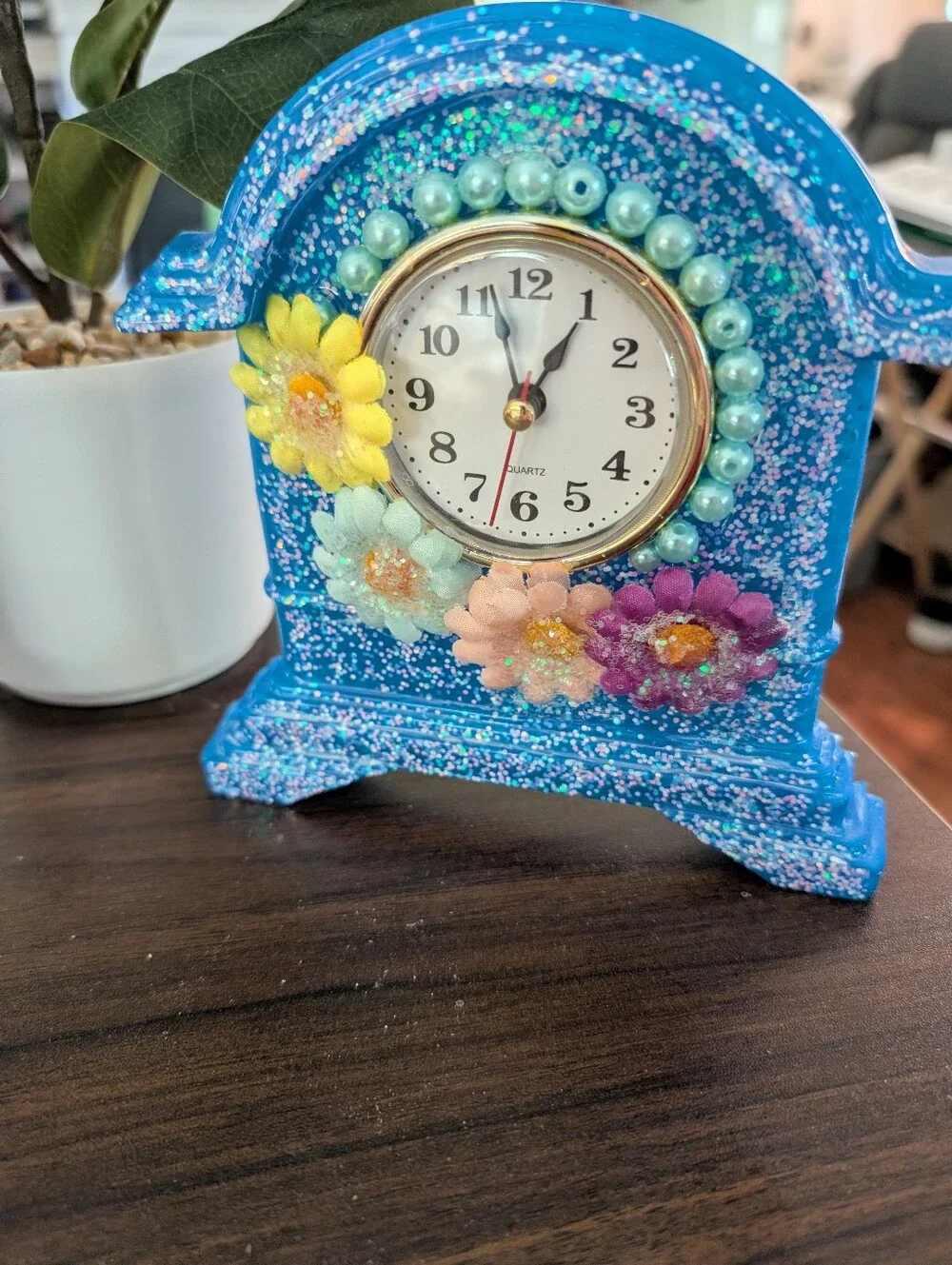 Blue & Pink Floral  Accent Mantel Clock - Handcrafted